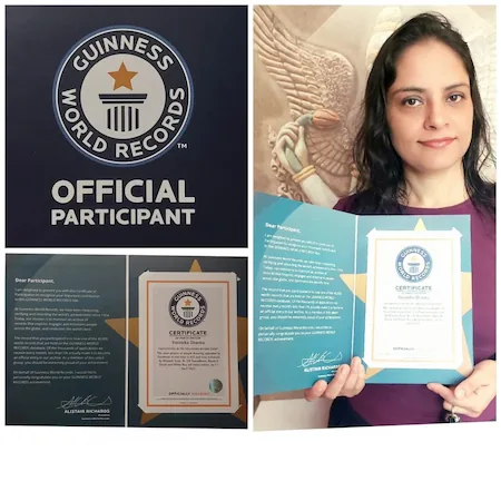 Veronika Zutshi with her Guinness World Records Official Participant certificate, June 2022